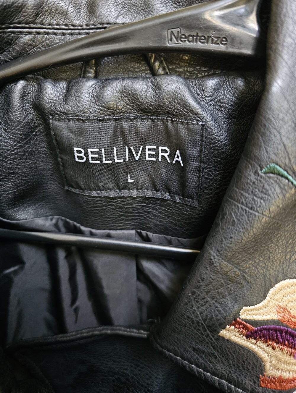BELLIVERA Floral Vegan Leather Embroidered Moto Jacket Black - Picture 7 of 14
